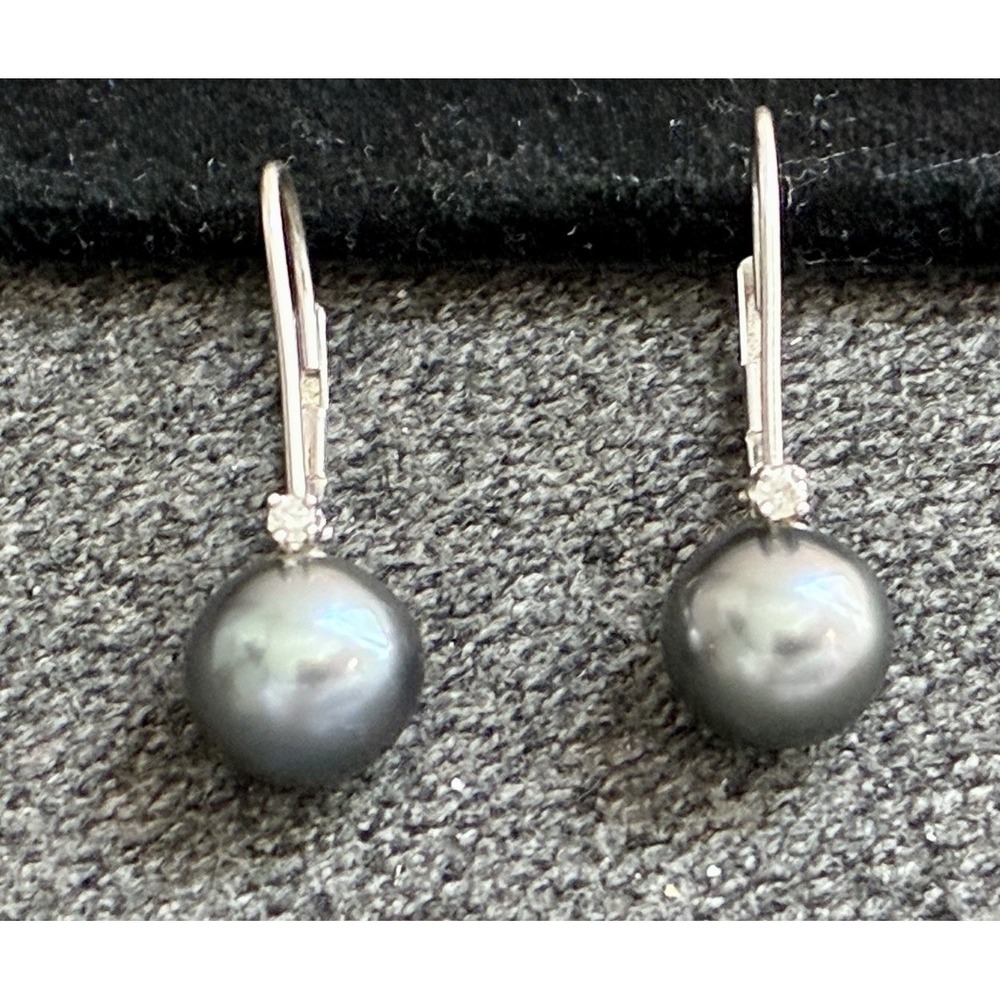 14K White Gold Diamond Gray Freshwater Pearl Leverback Earrings 2.65g